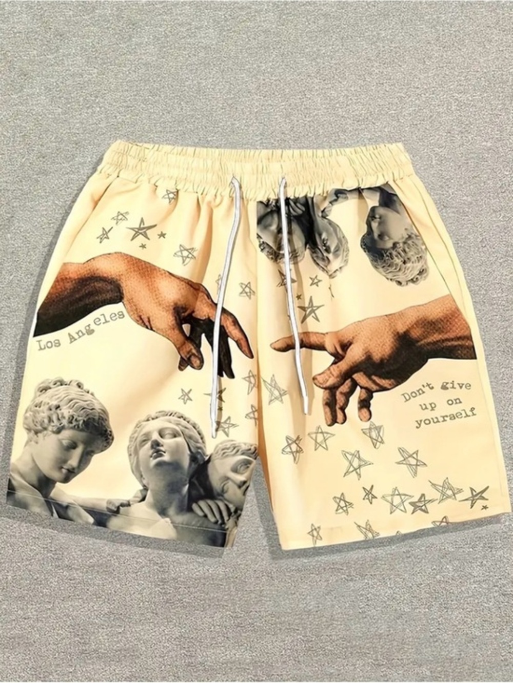 Men's Cream Graphic Athletic Shorts with Inspirational Print